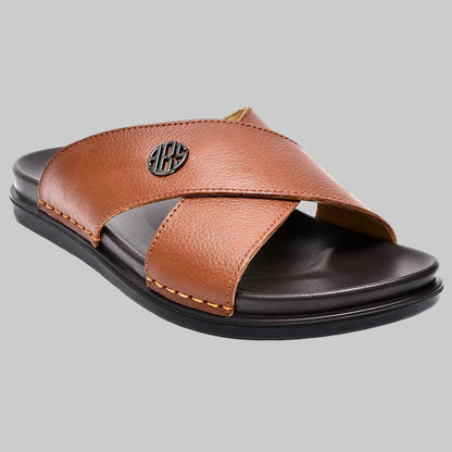 Brown sandal with a visible brand logo on a white background