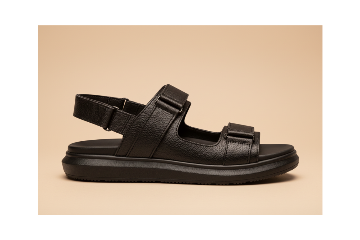 Black sandal with multiple straps on a white background