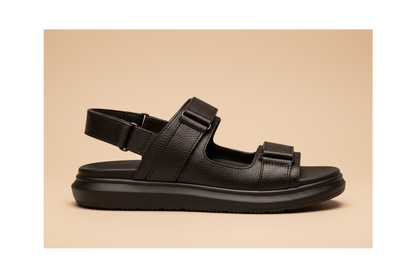Black sandal with multiple straps on a white background