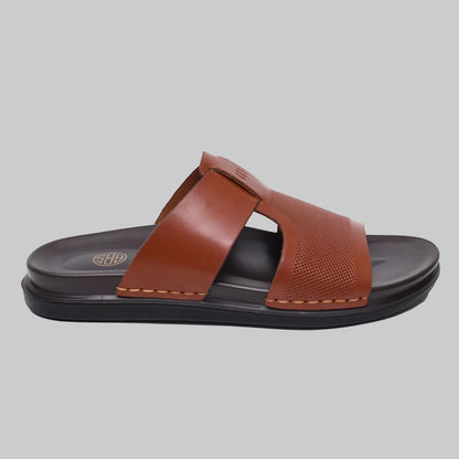 Brown sandal with black sole on a white background