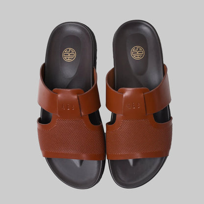 Pair of brown sandals with a visible brand logo on a white background