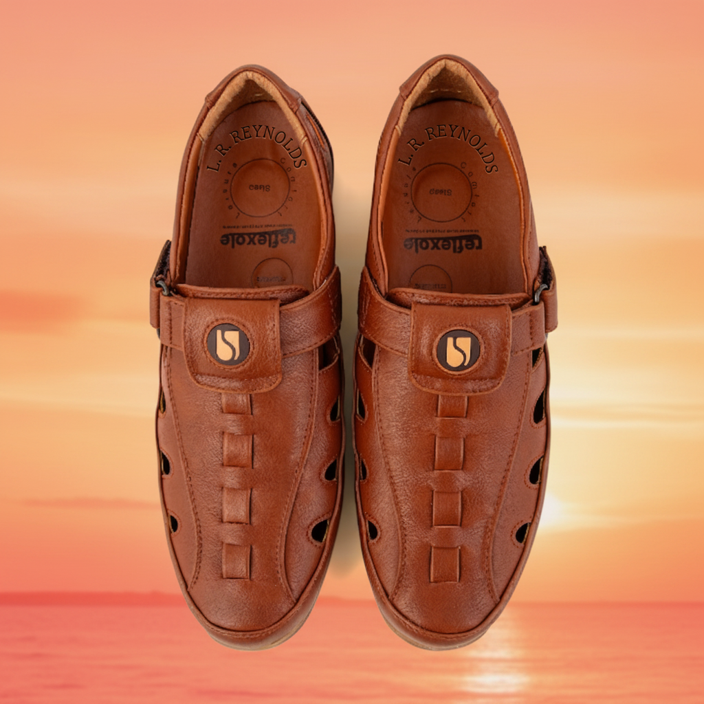 Pair of brown leather shoes with a visible brand logo on a white background