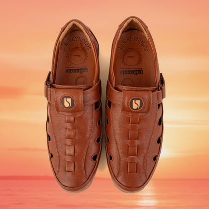 Pair of brown leather shoes with a visible brand logo on a white background