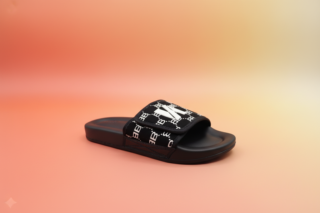 Black slide sandal with white pattern on a white background