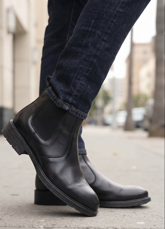 Black leather Chelsea boots worn with dark blue jeans on a city sidewalk, showing the side profile and elastic side panels.