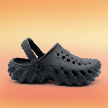 Black clog shoe on a white background