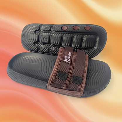 Brown slide sandal with a strap on a white background