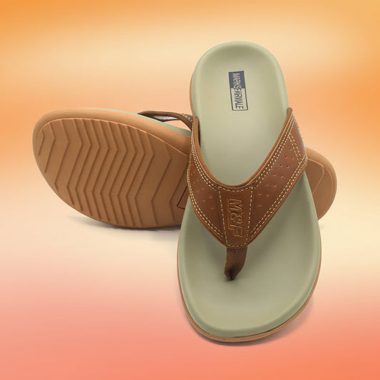 Pair of sandals with brown straps and soles on a white background