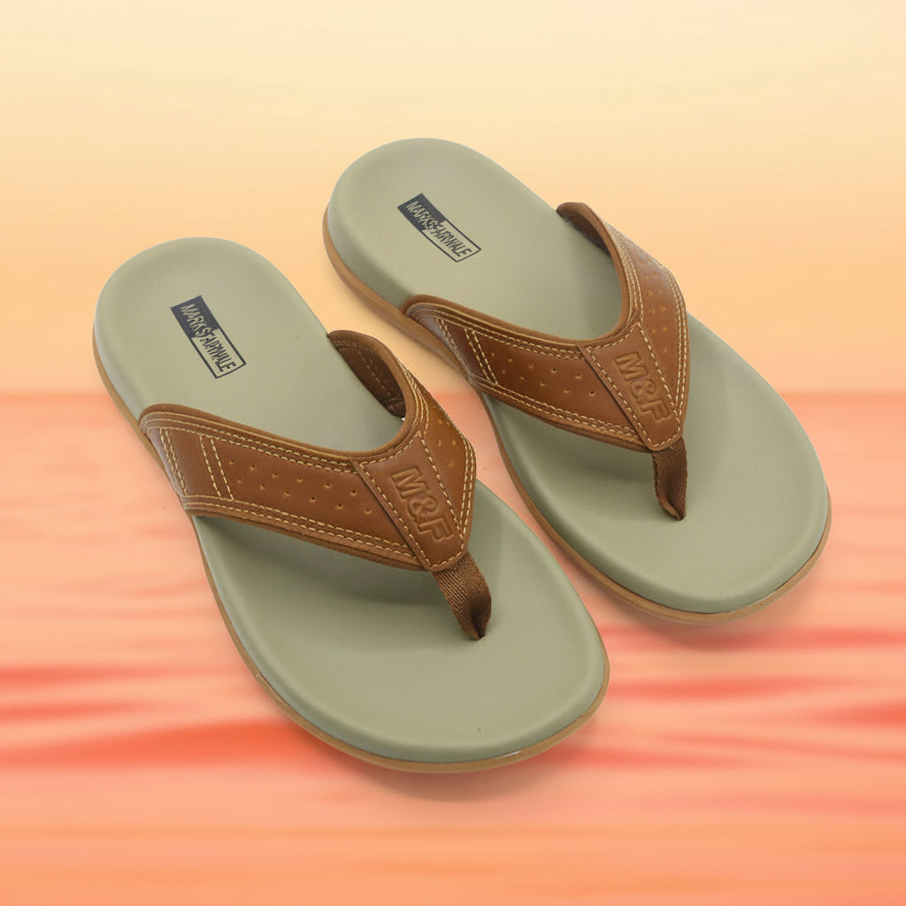 Pair of green and brown flip-flops on a white background