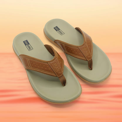 Pair of green and brown flip-flops on a white background