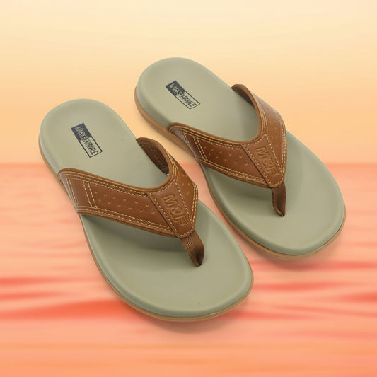 Pair of green and brown flip-flops on a white background