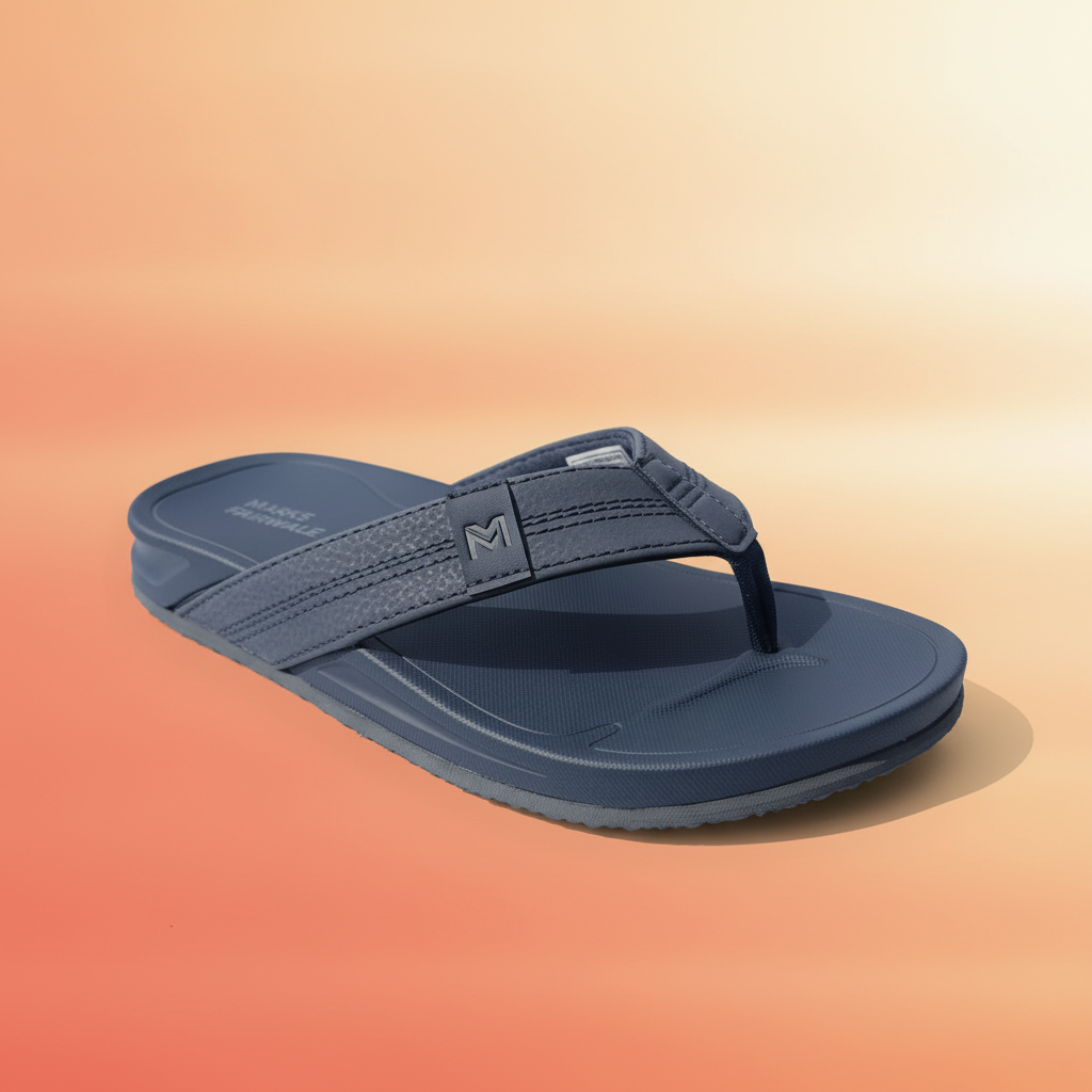 Navy blue sandal with a brand logo on a white fabric background