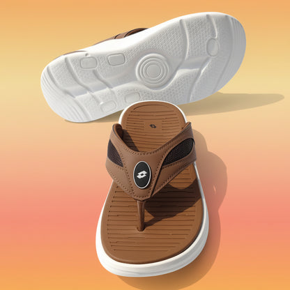 Brown sandals with white soles on a light gray background