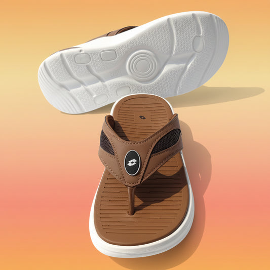 Brown sandals with white soles on a light gray background