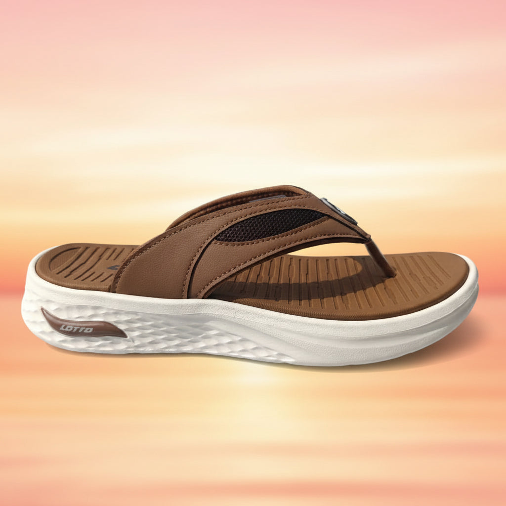 Brown sandal with white sole on a light gray background