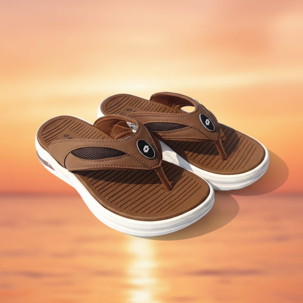 Pair of brown sandals with white soles on a light gray background