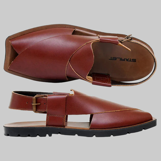 Brown leather sandals with a strap on a white background