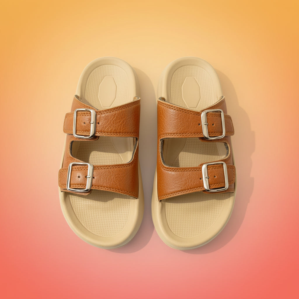 Pair of brown sandals with buckles on a white background