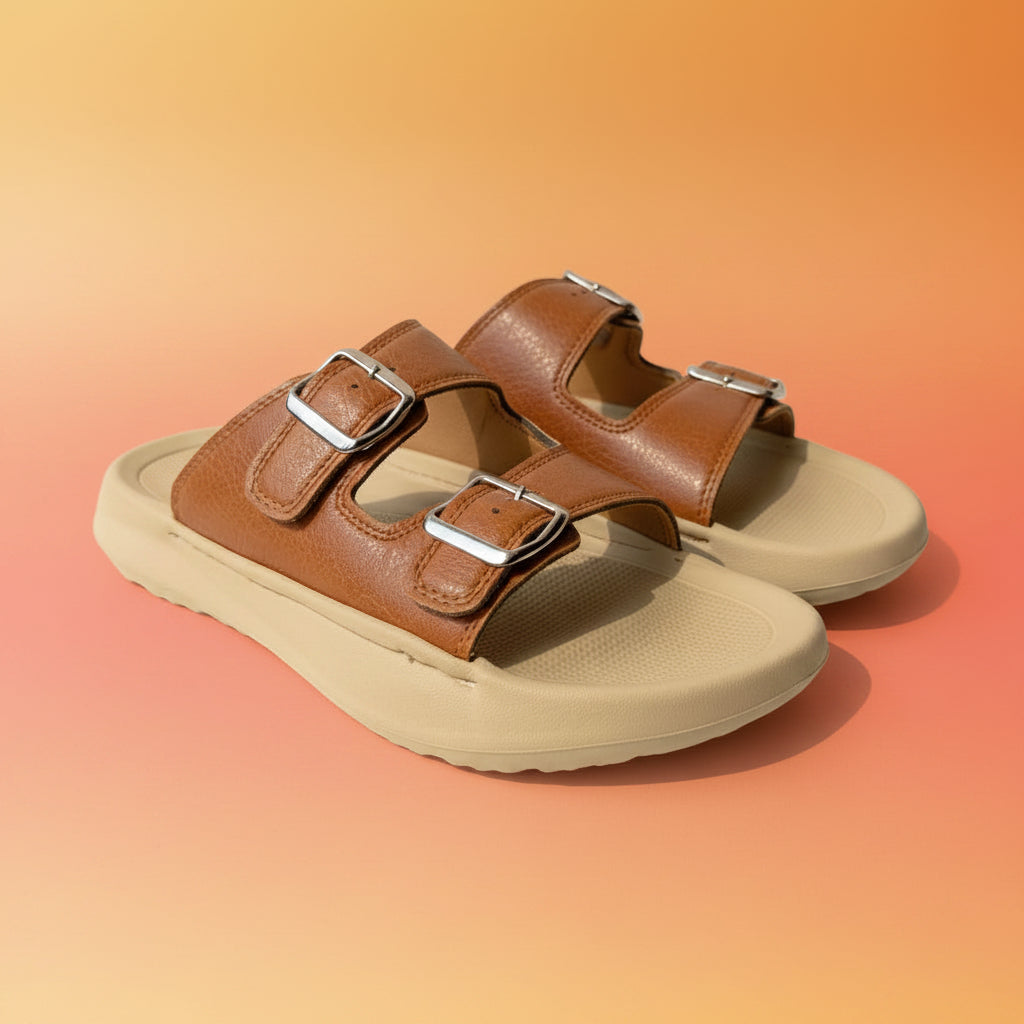 Brown sandals with buckles on a light background