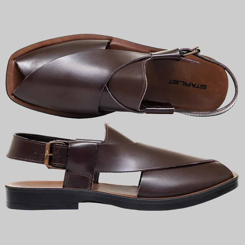 Brown sandals with a strap on a white background