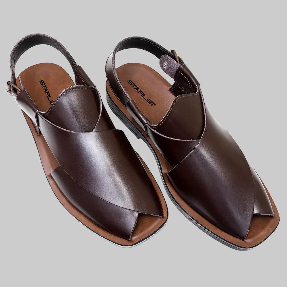 Pair of brown sandals with 'Starlet' branding on a white background