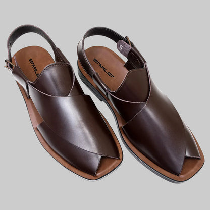Pair of brown sandals with 'Starlet' branding on a white background