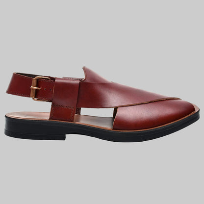 Brown sandal with a black sole on a white background