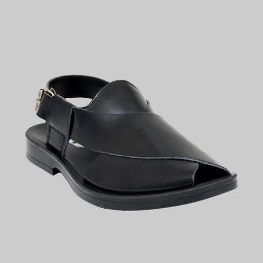 Black sandal with open toe design on a white background