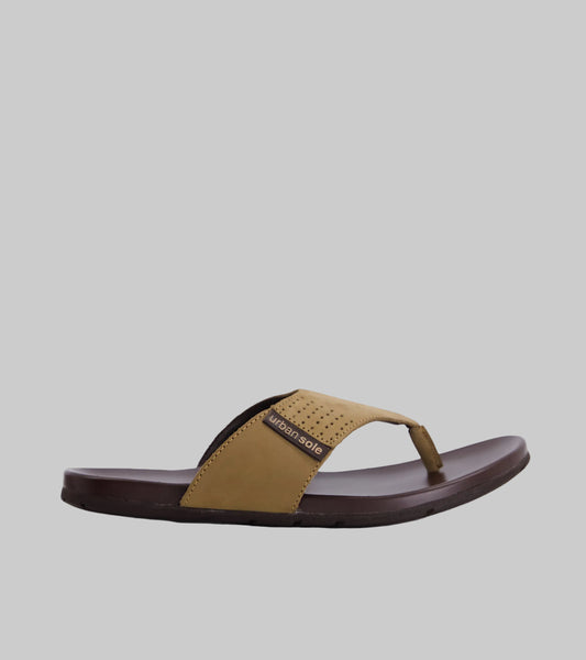 Brown sandal with a visible brand logo on a white background
