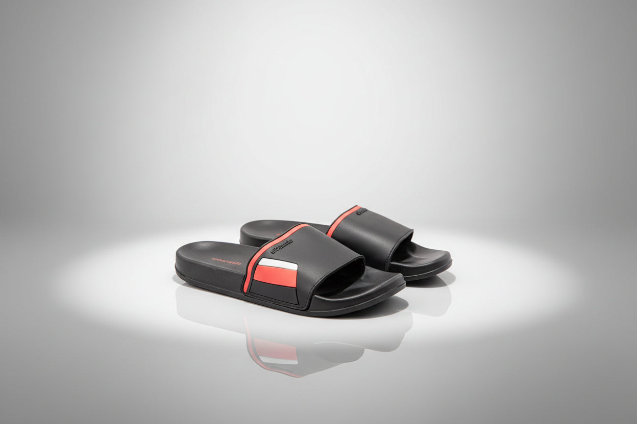 Black slides with a red and white logo on a white background