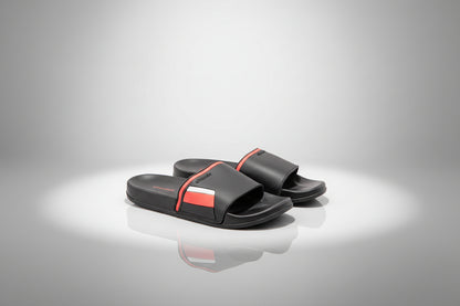 Black slides with a red and white logo on a white background
