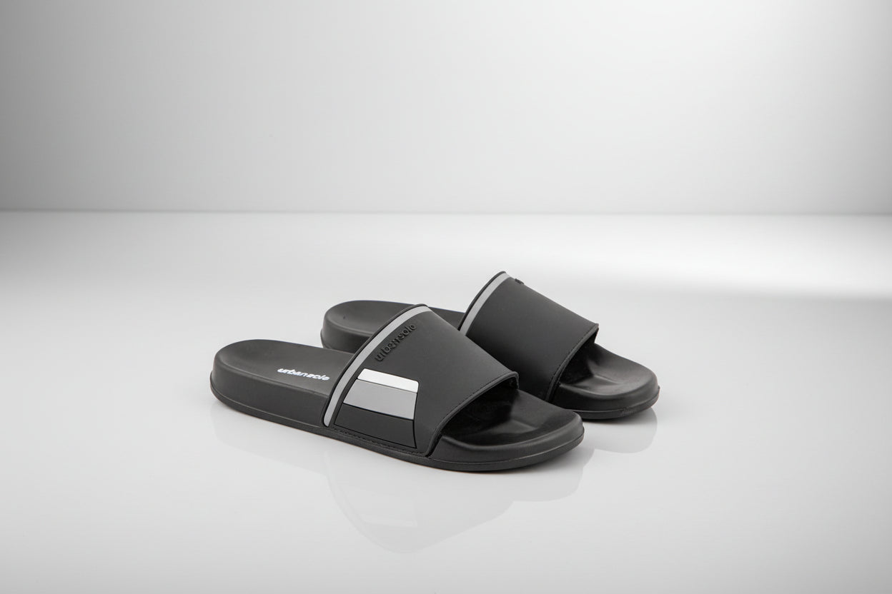 Black slides with a brand logo on a white background