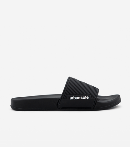 Black slide sandal with brand logo on a white background