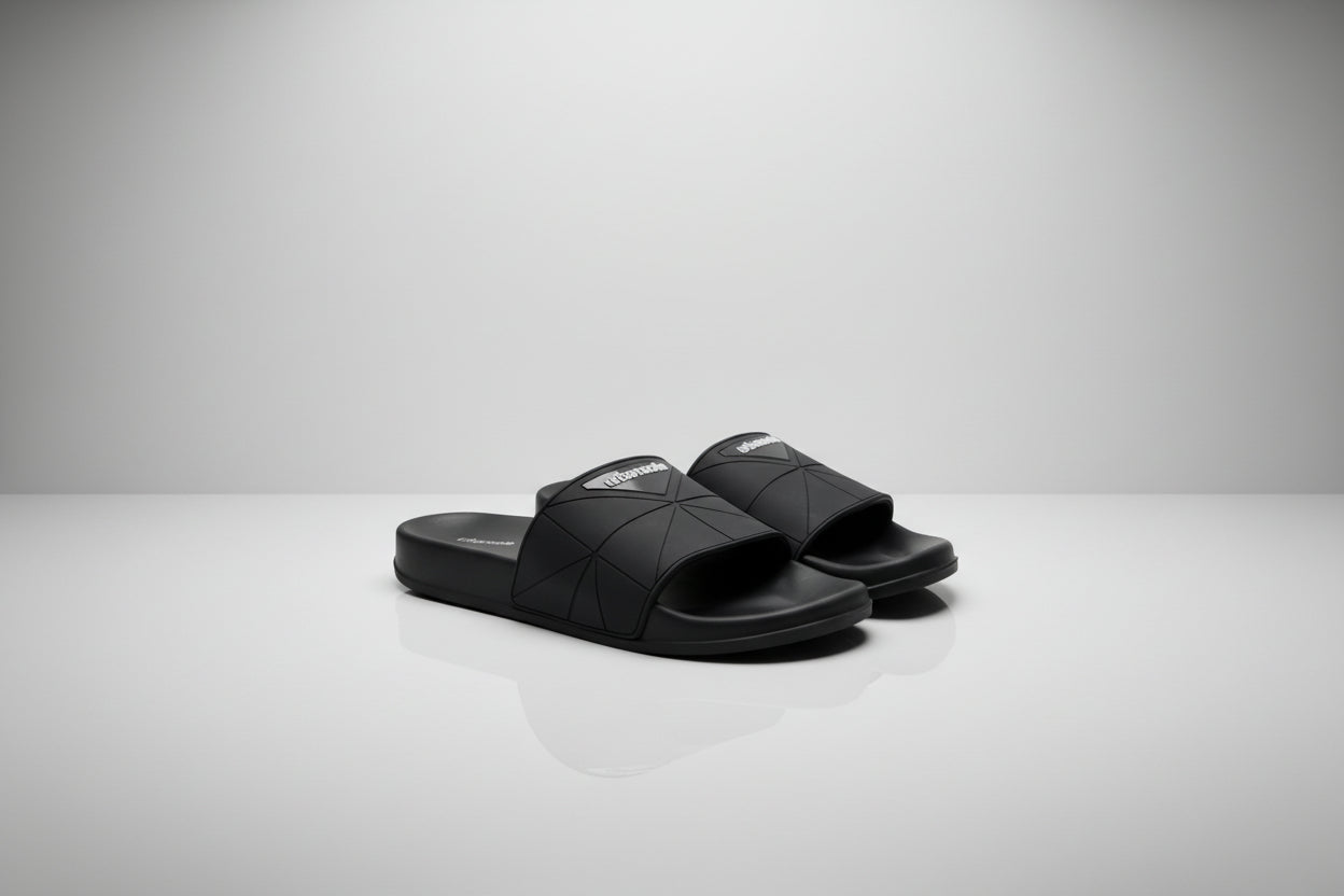 Black slides with geometric design on a white background