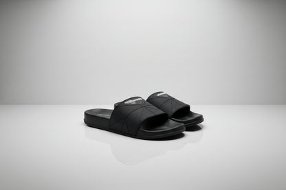 Black slides with geometric design on a white background