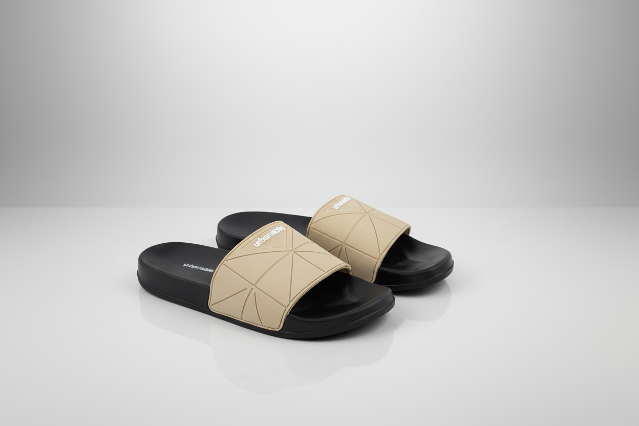 Beige and black slides with a brand logo on a white background