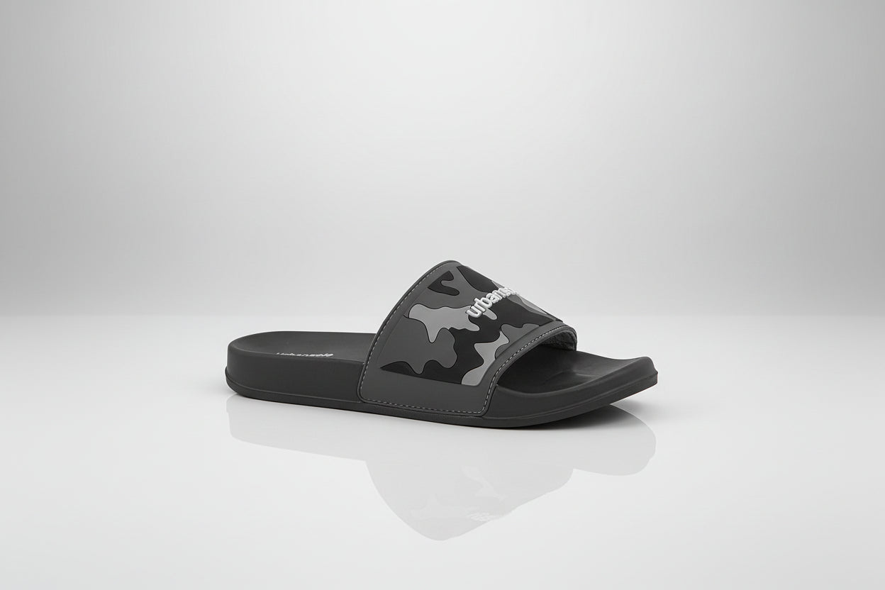 Black slide sandal with camouflage pattern and brand logo on a white background