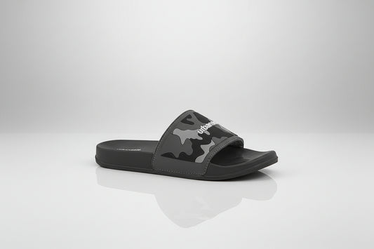 Black slide sandal with camouflage pattern and brand logo on a white background