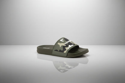 Green slide sandal with camouflage pattern on a white background