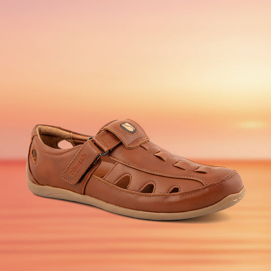 Brown leather sandal with a strap on a white background