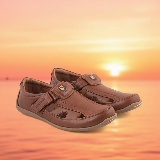Pair of brown sandals with velcro straps on a light gray background