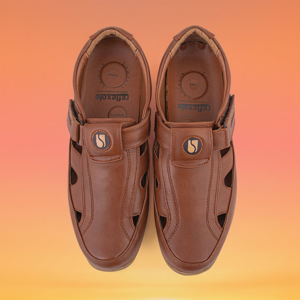 Pair of brown slip-on shoes with a visible brand logo on a white background