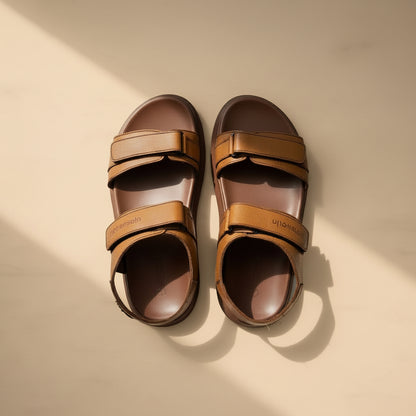 Pair of brown sandals with multiple straps on a light gray background