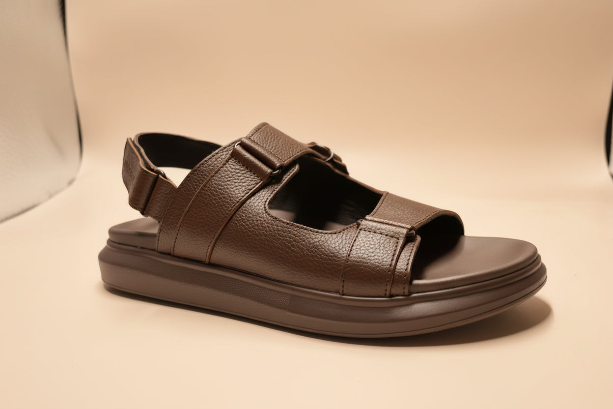 Brown sandal with multiple straps on a white background