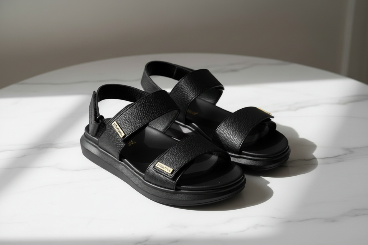 Black sandals on a white surface with a neutral background