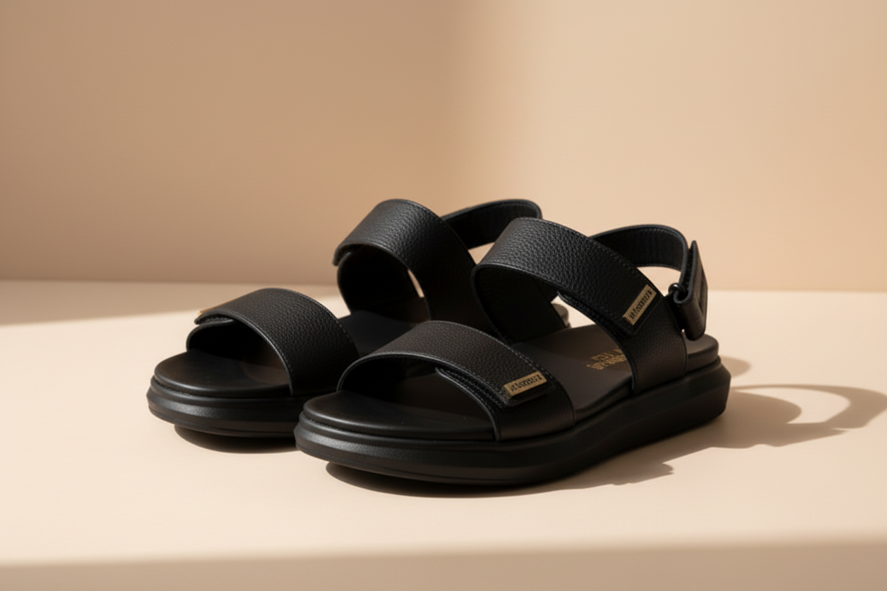 Black sandals on a white surface with a neutral background