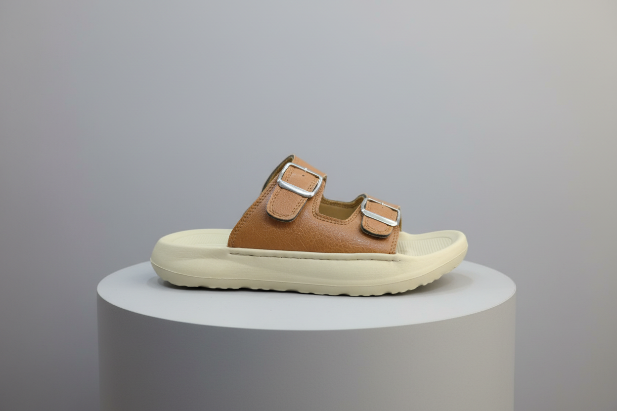 Brown sandal with two buckles on a wooden surface