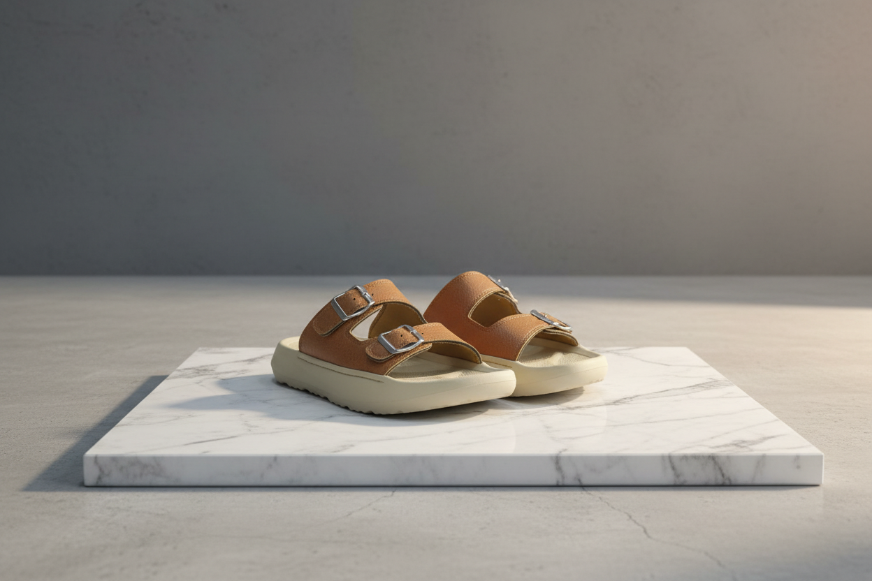 Brown sandal with two buckles on a wooden surface