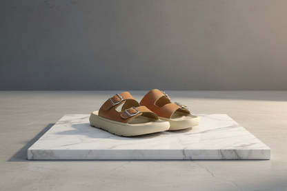 Brown sandal with two buckles on a wooden surface