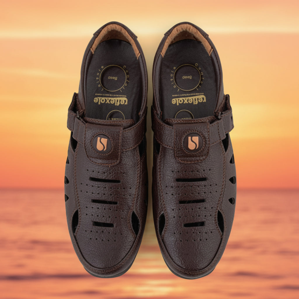 Pair of brown sandals on a white background